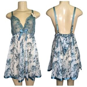 NEW Spree Intimates Teal Blue Marble Mesh Floral Lace‎ Babydoll Lingerie Set 1X